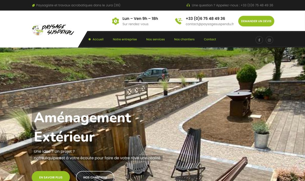 Capture d'écran du site internet de Paysage Suspendu, paysagiste et travaux acrobatiques dans le Jura